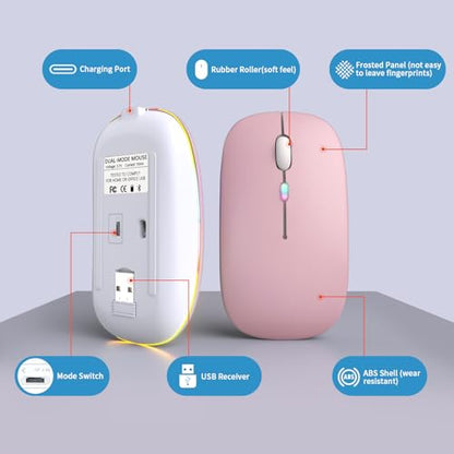 Wireless Bluetooth Mouse, Rechargeable, LED, Silent, Ultra-thin Design (Bluetooth 5.2 and 2.4GHz USB Receiver) | Portable Computer Mouse for Laptops, iPads, MacBooks and Apple Devices (Pink) - color: Pink