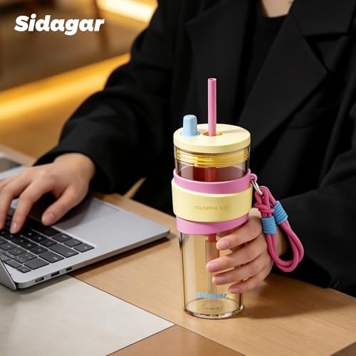 24oz Tritan Water Bottle with Straw and Silicone Sleeve, Yellow Leak-Proof Aesthetic Tumbler with Portable Carrying Strap, BPA-Free Reusable Straw Cup for School, Office, Gym - color: Sweet Peach Mist