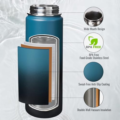 Fijinhom Insulated Water Bottle with Handle, 304 Stainless Steel Water Bottles with Wide Mouth, Double Wall Vacuum Sports Water Bottle, BPA Free, Keep Cold and Hot, 24 Ounces, Blue&Black - color: Blue/Black, size: 24 Ounces