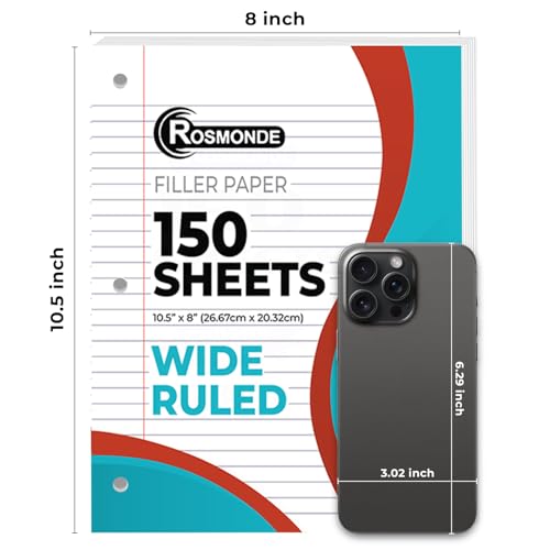 Rosmonde Bulk 3600 Sheets Loose Leaf Binder Filler Paper, Wide Ruled, Bulk Notebook Paper, 8 x 10.5", Loose Leaf Sheets, 3 Hole Punched, 24 Pack, 150 Sheets/Pack, Filler Papers, White - color: Wide Ruled, size: 24 Pack (3600 Sheets)