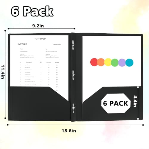 Plastic Folders with Pockets and Prongs - 6pcs Plastic Pocket Folders with Brads,Black Vinyl Poly 3 Prong 2 Pocket Sturdy File Folders for Documents Homework Paper,Back to School Supplies - color: Black