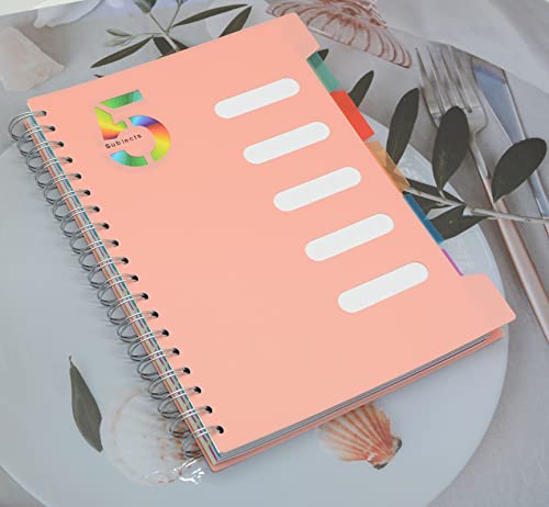 5 Subject Notebook, 2 Pcs Pink and Light Blue 10 Inch x 7 Inch B5 Spiral Notebook With Waterproof Plastic Softcover, 300 Pages 80 Gsm College Ruled Papers With 5 Sheets Colorful Movable Dividers - color: Pink and Light Blue