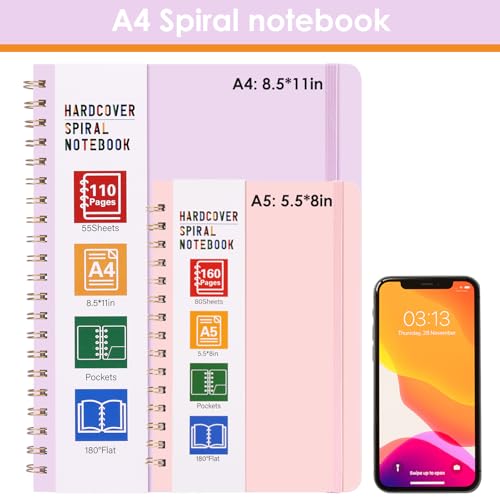 LABUK A4 Large Notebooks for Women Men, Spiral Notebook 8.5 x 11, 110 Pages College Ruled Hardcover Notebook for Work School Note Taking - color: 5-purple, style: A4