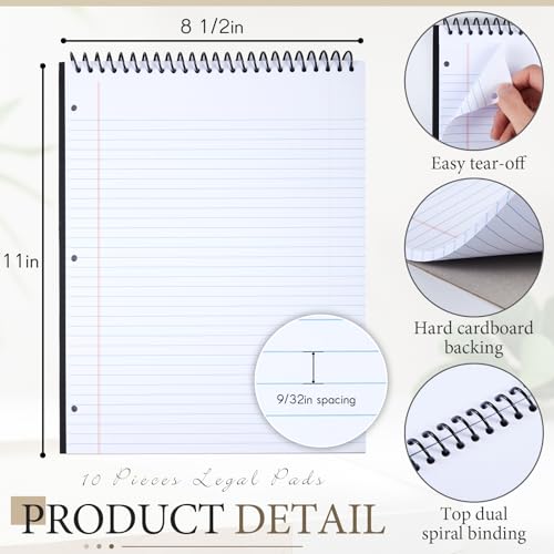 MotiMind 10 Pack 8.5" x 11" Top Spiral Notebook with 3 Hole Punched Legal Pads College Ruled Notepad 50 Sheets Hard Cardboard Paper Wirebound Notepad for Office School Business (White) - color: White