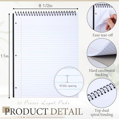 MotiMind 10 Pack 8.5" x 11" Top Spiral Notebook with 3 Hole Punched Legal Pads College Ruled Notepad 50 Sheets Hard Cardboard Paper Wirebound Notepad for Office School Business (White) - color: White