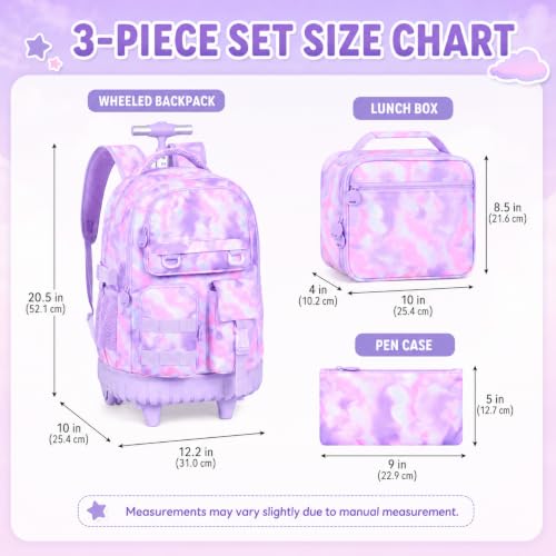 WZLVO 3PCS Backpack with Wheels, Water Resistance Girls Rolling Bookbag, Women Aesthetic Roller School Bag Set with Lunch Box & Pencil Bag for Teens & Kids - Purple Tie Dye Cloud - color: 3pcs Girls Rolling Backpack - Purple Tie Dye Cloud