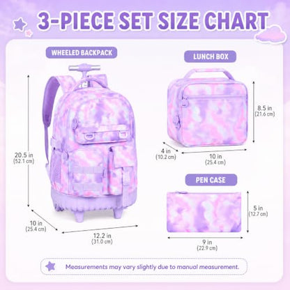 WZLVO 3PCS Backpack with Wheels, Water Resistance Girls Rolling Bookbag, Women Aesthetic Roller School Bag Set with Lunch Box & Pencil Bag for Teens & Kids - Purple Tie Dye Cloud - color: 3pcs Girls Rolling Backpack - Purple Tie Dye Cloud