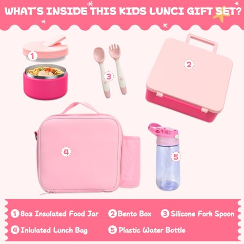 Kids Bento Lunch Box with 8oz Soup Thermo, Water Bottle, Leakproof Lunch Food Containers with 4 Compartment, Kids Insulated Hot Food Jar with Lunch Bag for School(Pink) - color: Pink