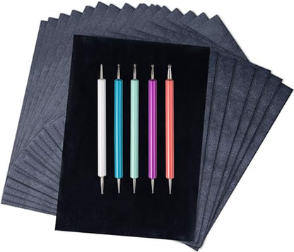 50 Sheets Black Graphite Carbon Paper Transfer (8.5 x 11.5 inch) Tracing Papers with 5 PCS Embossing Styluses Dotting Tools for Wood Paper Canvas Craft
