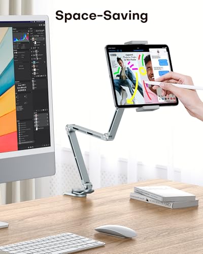 OMOTON GH03 Tablet Holder with 2 ABS Clamps, Aluminum Long Arm Mount, Grey | C-Clamp Base with 360°Rotation Fits Desk, Bed, Side Cabinet, Kitchen, Adjustable Tablet Stand for 4-13" iPad Pro/iPhone - color: Grey