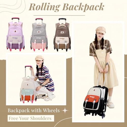 Purple Rolling Backpack for Girls Elementary Middle School Bags, Girls Backpack for Kids with 6 Wheels, Purple - color: 6 Wheels-02-purple, style: 6 Wheels