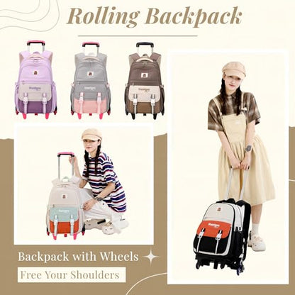 Purple Rolling Backpack for Girls Elementary Middle School Bags, Girls Backpack for Kids with 6 Wheels, Purple - color: 6 Wheels-02-purple, style: 6 Wheels