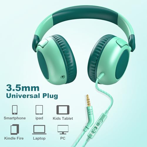 V8 Kids Headphones,Wired Headphones with Mic, 85/94dB Volume Limiter, Tangle-Free 3.5mm Jack, Stereo Sound, Shared Interface, Adjustable Portable Headphones for School & Travel （Green） - color: Green
