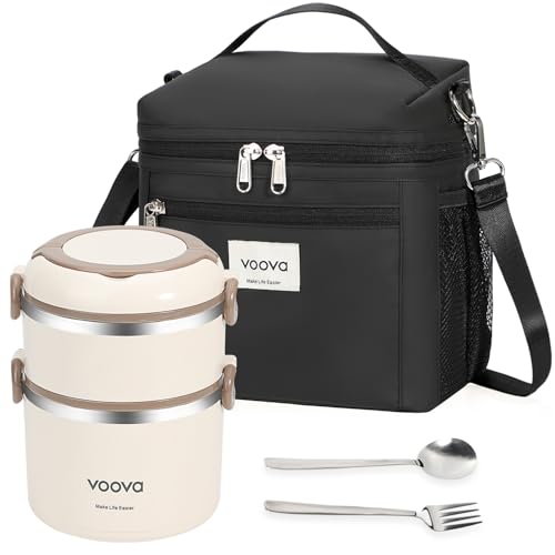 Voova Stackable Stainless Steel Thermal Lunch Box with Lunch Bag for Women Men Adult, 2 Tier Leakproof & Microwave Safe Insulated Bento Boxes Food Container for Work, Black - color: Black