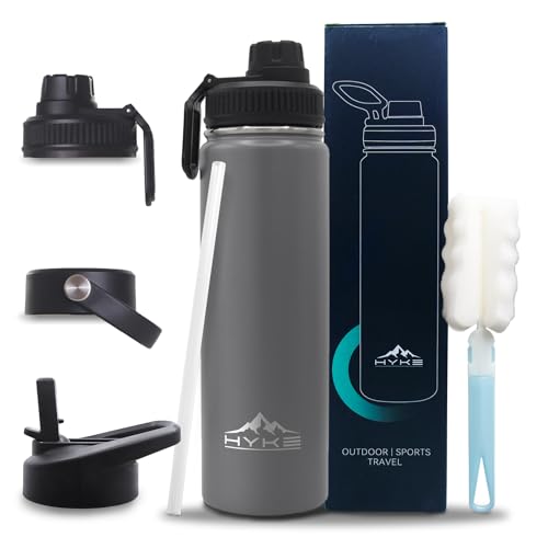24oz Insulated Water Bottle-Vacuum Stainless Steel Bottle | with Straw, Spout, Handle, 3 Lids–Leak Proof, BPA Free, Fits Cup Holders–Metal Thermos for Hiking, Gym, Car, Bike （Gray） - color: Gray