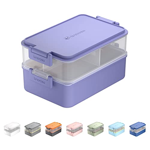linoroso Stackable 2-Tier Adult Bento Box, 4 Compartments - Veri Peri | leakproof bento lunch box with fork & spoon + sauce cups, microwave/dishwasher safe, perfect for office, school & daily meals - color: Veri Peri