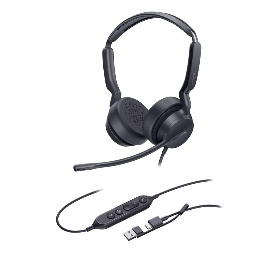 Yealink UH42 USB-C/A Headset with Noise Cancelling Mic, Wired Headphones for PC Computer Laptop, Compatible with Zoom Teams, Comfort Ear Cushions, Stereo Sound, in line Controls - color: Stereo, style: All Platforms USB-C & USB-A