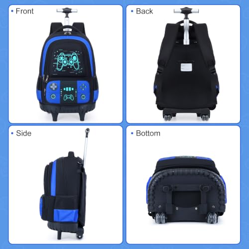 Bevalsa Rolling Backpack for Boys,Cool Luminous Gamer Roller School Backpacks with Lunch Box & Pencil Case,Kids Wheeled Schoolbag Bookbag with Wheels for Kindergarten Elementary School Travel - color: Blue Game