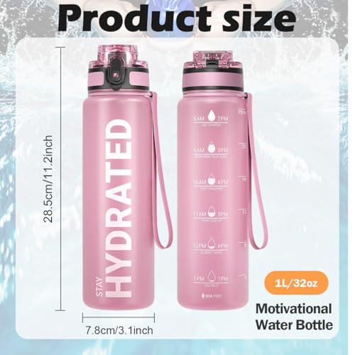 32oz Water Bottle with Time Marker, Leakproof & Motivational Gradient Design, BPA Free, Wide Mouth with Easy Clean Brush for Gym, Travel, Home & Office (Pink) - color: Pink