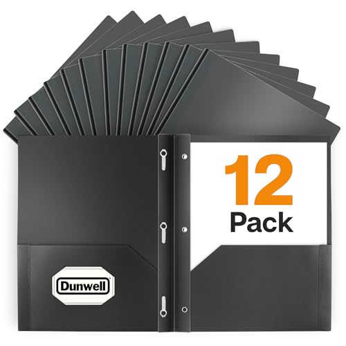 Dunwell Plastic Folders with 3 Prongs, (12 Pack, Black), 2-Pocket Folders with Fasteners, Durable Acid-Free Poly for Long Term Use, Includes Labels - color: Black, size: 12 Pack