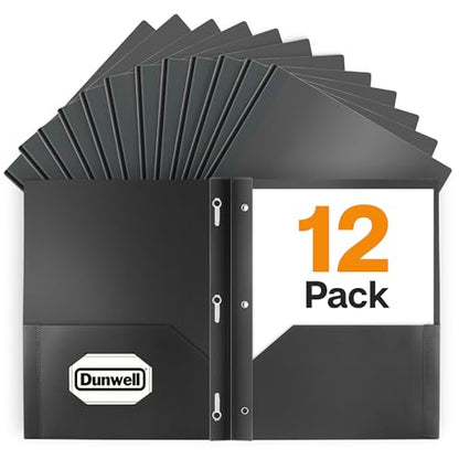 Dunwell Plastic Folders with 3 Prongs, (12 Pack, Black), 2-Pocket Folders with Fasteners, Durable Acid-Free Poly for Long Term Use, Includes Labels - color: Black, size: 12 Pack