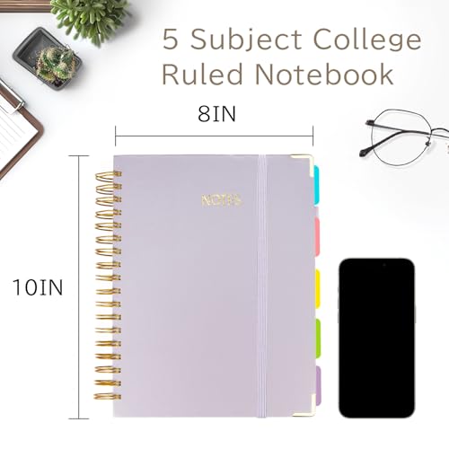 5 Subject College Ruled Notebook, 300 Pages Ink-Proof Paper, 8x10 Inch, Hardcover Spiral Bound with Dividers and Tabs, Ideal for School, College, Work, Students (Purple) - color: Purple