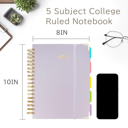 5 Subject College Ruled Notebook, 300 Pages Ink-Proof Paper, 8x10 Inch, Hardcover Spiral Bound with Dividers and Tabs, Ideal for School, College, Work, Students (Purple) - color: Purple