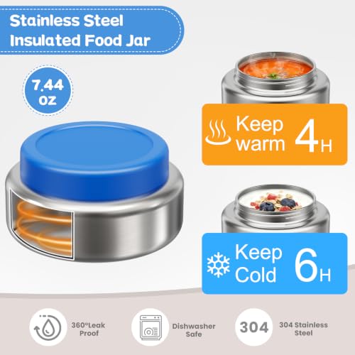 Pawtong Stainless Steel Bento Box Kids Adult with 7oz Insulated Food Jar, Transparent Lid Metal Lunch Box With Soup Thermal Jar, Lunch Box Container with Removable Divider & Sauce Cup School (Blue) - color: Blue