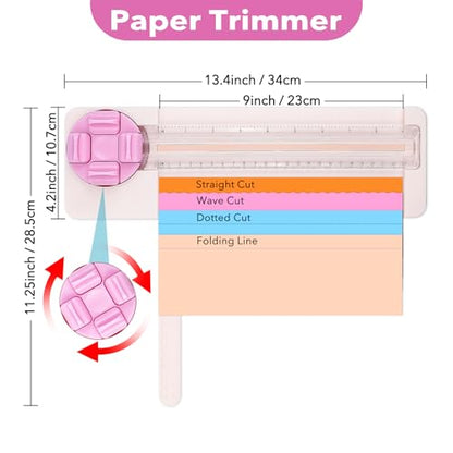 4-in-1 Paper Trimmer, 4Style Multi-Function Scrapbooking Tool with Dial Blades of Straight, Wave, Dotted, Perforated, Creasing, 9" Craft Paper Cutter for Cutting Carstock,Coupons,Photos,Scrapbook Card - color: Pink