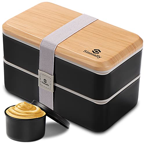 Sinnsally Bento Box Adult Lunch Box with Compartments for Women & Men,(47oz)Stackable Japanese Bento Lunchbox,Rectangle Lunchable Food Container with Utensil Set,Leak-Proof & Microwave/Dishwasher Safe - color: Black