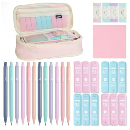 Aesthetic School Supplies with Cute Pencil Case, 12x Pastel Mechanical Pencils 0.5 & 0.7mm with 720x HB Leads, 4x Erasers and 1x Sticky Note, Suitable for Writing, Drafting Drawing Sketching(pink) - color: Pink