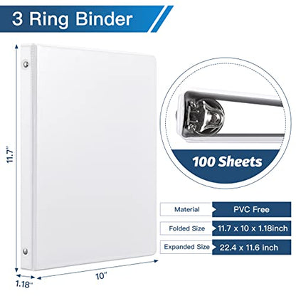 SUIN 1/2-Inch 3 Ring Binders with 2 Interior Pockets, Basic 0.5'' Binders Holds 100 Sheets Letter Size, Office School Home, 6 Pack - color: White