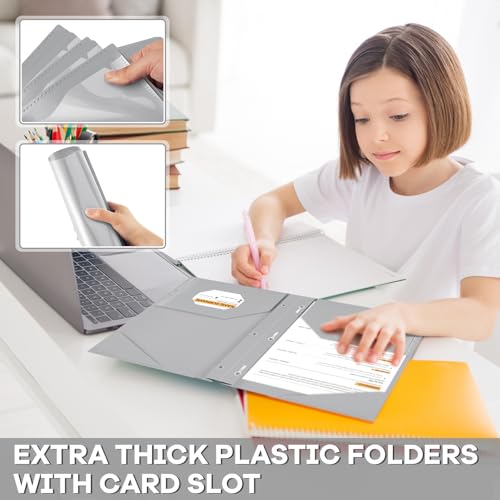 Henoyso 18 Pcs Plastic Folder with Clear Front Pocket and 3 Prong Plastic Folders with Card Slot Pocket Folders with Prongs for School Office (Gray) - color: Gray