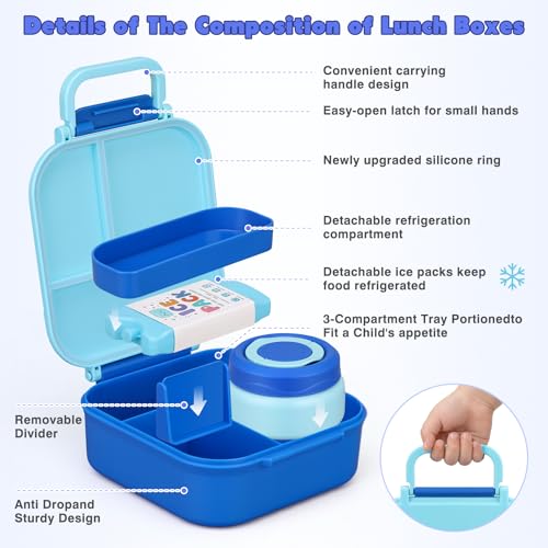 Bento Lunch Box for Kids with 7oz Soup Thermo,Insulated Stainless Steel Kids Water Bottle with Straw and Insulated Lunch Bag,Leak-Proof Lunch Food Container with Ice Pack for School(Blue) - color: Blue