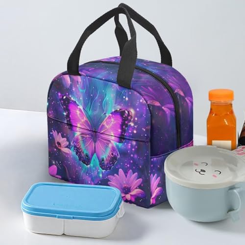 Purple Butterfly Lunch Bag Kids Thermal Picnic Cool Bags Leakproof Portable Lunch Box Large Thermal Cooler Bag for School Camping Picnic - color: Purple Butterfly Floral