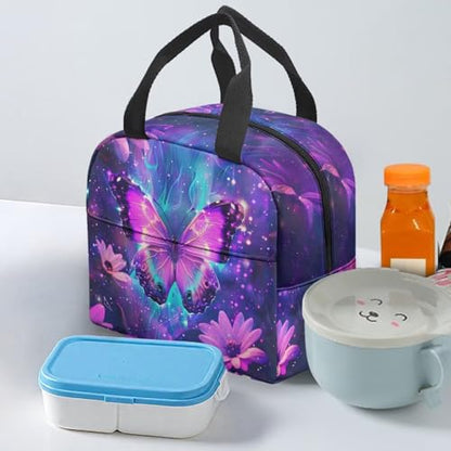 Purple Butterfly Lunch Bag Kids Thermal Picnic Cool Bags Leakproof Portable Lunch Box Large Thermal Cooler Bag for School Camping Picnic - color: Purple Butterfly Floral
