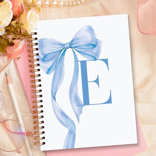JXREQ Coquette Blue Bow Personalized Notebook, Initial Letter E Monogram Journal, Preppy Girly Ribbon Bow Journal, Monogrammed Gifts for Women, Aesthetic Spiral Notebook 5.5x8.3 - color: E Blue