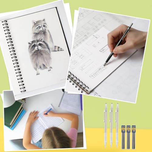 PATIKIL 0.7 mm Mechanical Pencil Set with Lead Refills, Metal Drafting Pencil Artist Lead Holder for Drawing Writing Sketching Marking Art, Silver
