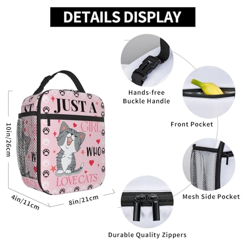 Cute Cat Pink Lunch Bag Large Capacity Heat Insulated Lunch Box, Just A Girl Who Loves Cats Leakproof Durable Portable Reusable Handbags Thermal Cooler Tote Bag for School - color: Cute Cat