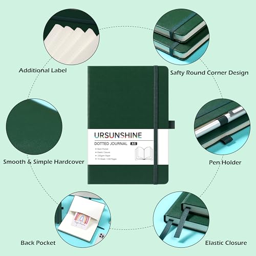 Dotted Journal/Notebook - Dot Grid Hard Cover Notebook, Premium Thick Paper with Fine Inner Pocket, Black Smooth Faux Leather, Pen Loop, 5.3'' x 8.26'' - Turquoise - color: Turquoise, size: Dotted