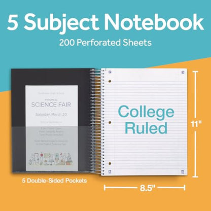 Oxford Spiral Notebook with Free Study App, 5 Subject, College Ruled, Ultra Smooth Paper, No Ink Bleed-Through, Strong Poly Black Cover, 5 Durable 2 Sided Pockets, 200 Easy Perforated 8.5"x11" Sheets - color: Black