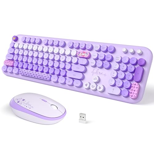 Wireless Keyboard and Mouse, SQMD Colorful Typewriter Retro Keyboard with Round Keycaps, 2.4GHz USB Full-Size Keyboard and Mouse Set for Mac PC Desktop Laptop (Purple Colorful) - color: Dark Purple