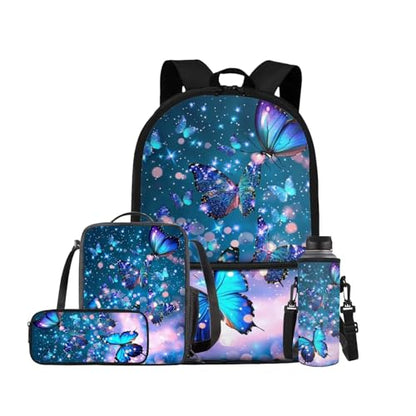 Butterfly Backpack for Girls Kids Backpack with Lunch Box Water Bottle Carrier with Strap and Aesthetic Pencil Case 4PCS Set Bookbag with Front Pocket for School Teens 17 inch Large School Bag - color: Aesthetic Butterfly