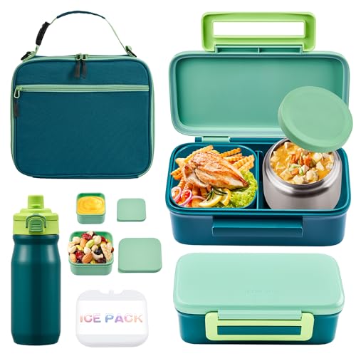 JXXM Bento Lunch Box for Kids With 8oz Thermo, Leakproof Bento Box with with 2 Compartments, Insulated Bottle, Lunch Bag, BPA Free Dishwasher Safe for School Girls Boys (Green) - color: Green 01