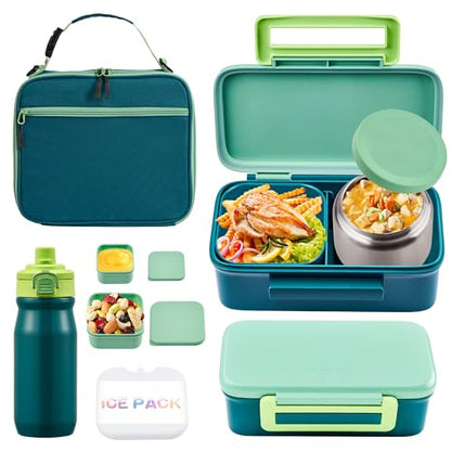JXXM Bento Lunch Box for Kids With 8oz Thermo, Leakproof Bento Box with with 2 Compartments, Insulated Bottle, Lunch Bag, BPA Free Dishwasher Safe for School Girls Boys (Green) - color: Green 01