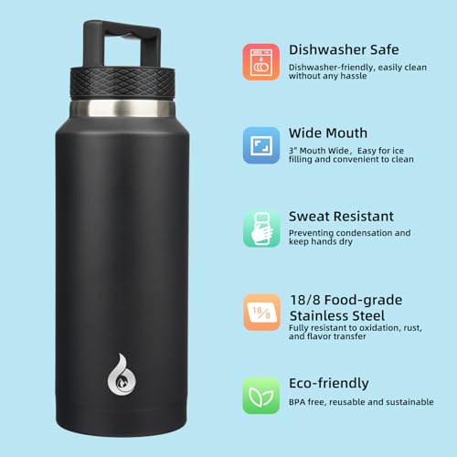 BJPKPK Insulated Water Bottles, Dishwasher Safe 36 oz Water Bottle with Handle, Leakproof BPA Free Thermal Flasks, Stainless Steel Jug for Sports, Black - color: Black, style: 36oz