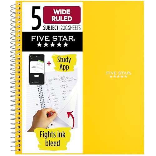 Five Star Spiral Notebook + Study App, 5 Subject, Wide Ruled Paper, 8" x 10-1/2", 200 Sheets, Fights Ink Bleed, Water Resistant Cover, Harvest Yellow (73469) - color: Yellow, size: 8" x 10.5" (Pack of 1)