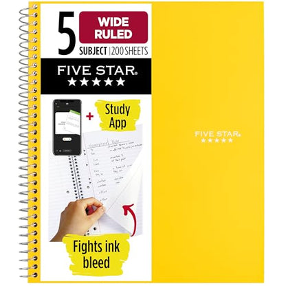 Five Star Spiral Notebook + Study App, 5 Subject, Wide Ruled Paper, 8" x 10-1/2", 200 Sheets, Fights Ink Bleed, Water Resistant Cover, Harvest Yellow (73469) - color: Yellow, size: 8" x 10.5" (Pack of 1)