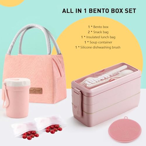 Bento Box Japanese Lunch Box Kit Leakproof Bento Lunch Box for Kids Adults Wheat Straw 3 Layer Stackable Lunch Containers with Compartment Eco-Friendly Meal Prep Containers (Pink) - color: Pink, size: 5Pcs