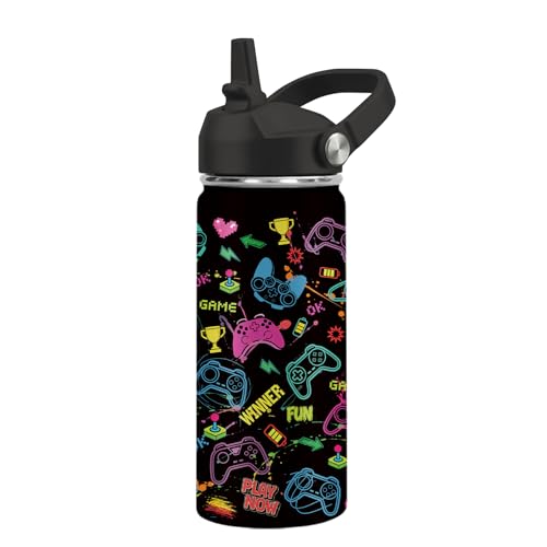 Kids Water Bottle Insulated - Gamer Water Bottle for Kids, 16oz Stainless Steel Insulated Water Bottles with Straw Lid, Leakproof BPA-Free Gamer Water Bottles for Home Travel Sports - color: Game#black, size: 16 Ounces